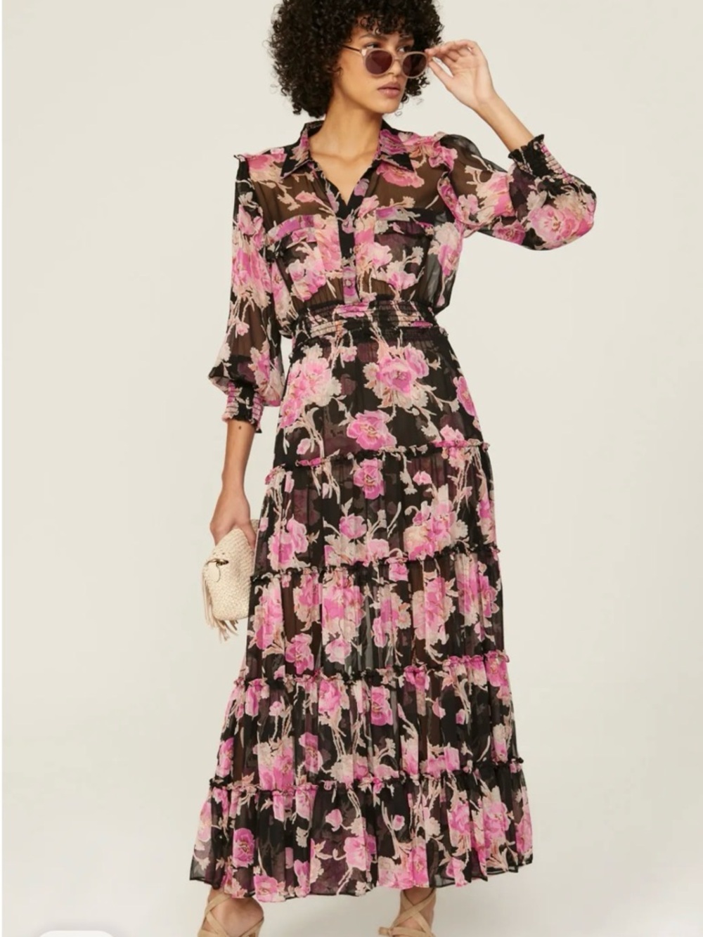 Misa Los Angeles Sheer Black Maxi Dress with Pink Floral Print